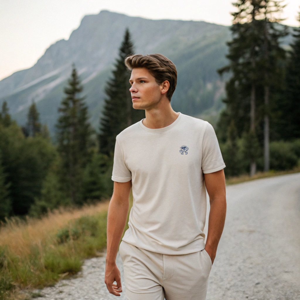 Heavyweight organic cotton tee with Ray screenprint on left chest, alpine lifestyle design, Arosa, Switzerland.