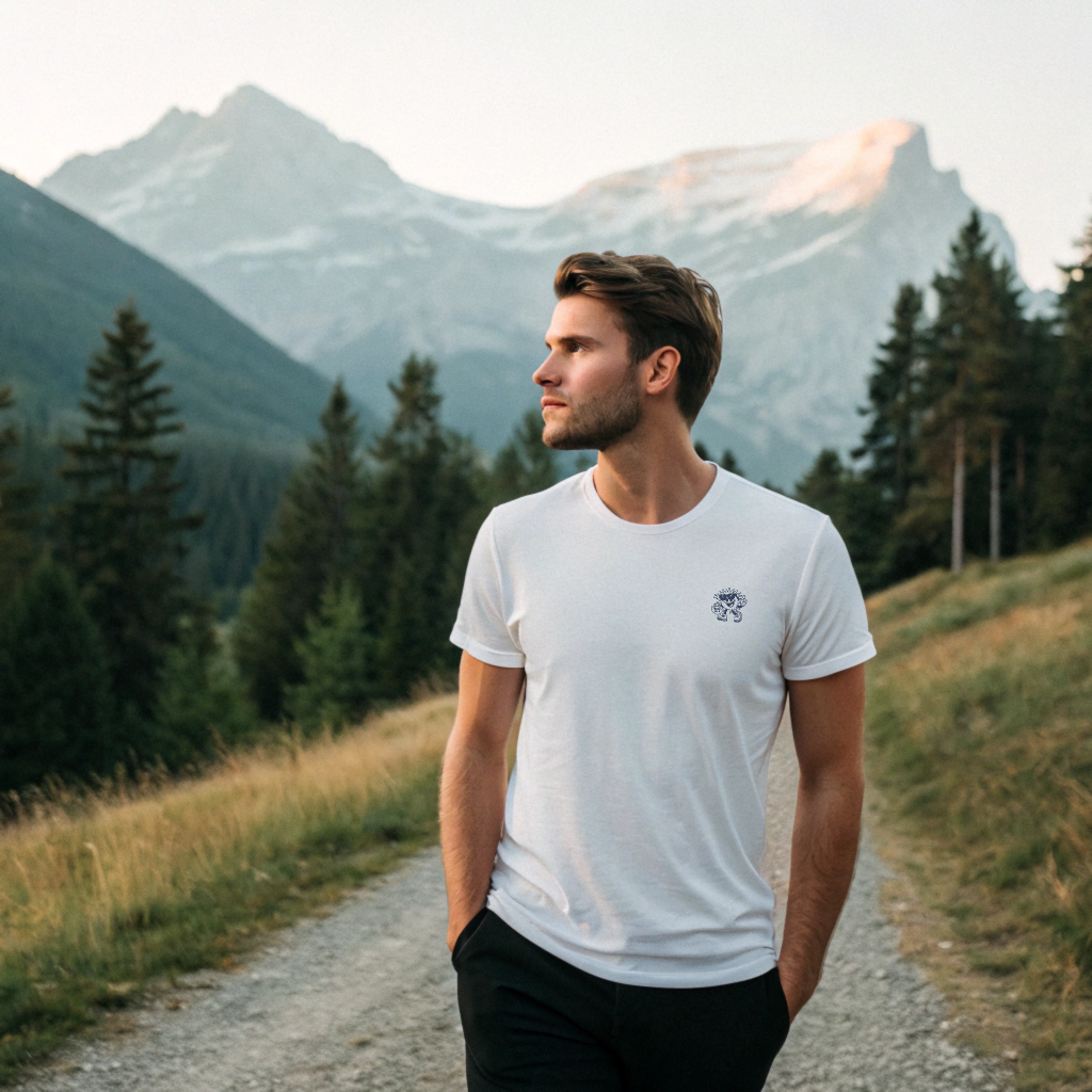 Heavyweight organic cotton tee with Ray screenprint on left chest, alpine lifestyle design, Arosa, Switzerland.