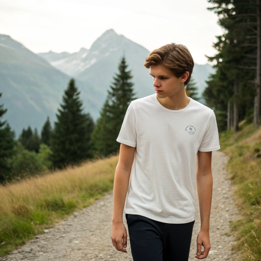 Discover Arosa x 1800m Club collaboration tee printed on heavyweight organic cotton, alpine lifestyle design, screenprinted in Arosa, Switzerland.