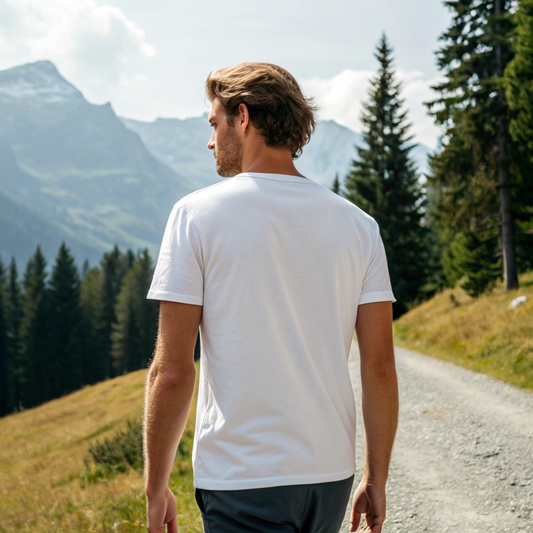 Discover Arosa x 1800m Club collaboration tee printed on heavyweight organic cotton, alpine lifestyle design, screenprinted in Arosa, Switzerland.