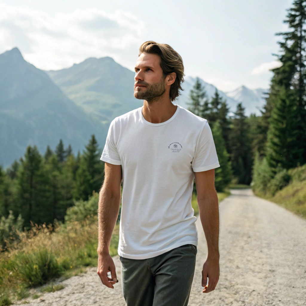 Discover Arosa x 1800m Club collaboration tee printed on heavyweight organic cotton, alpine lifestyle design, screenprinted in Arosa, Switzerland.