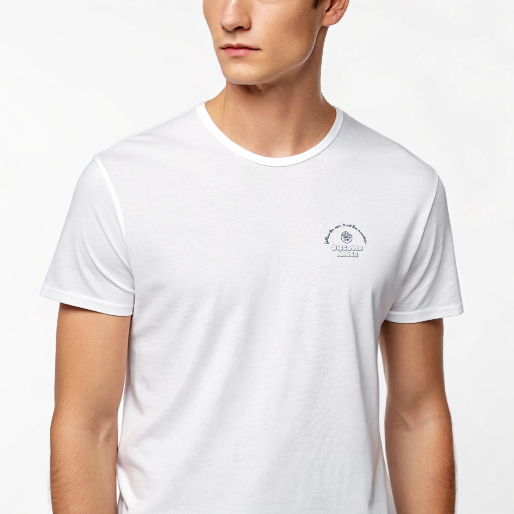 Discover Arosa x 1800m Club collaboration tee printed on heavyweight organic cotton, alpine lifestyle design, screenprinted in Arosa, Switzerland.