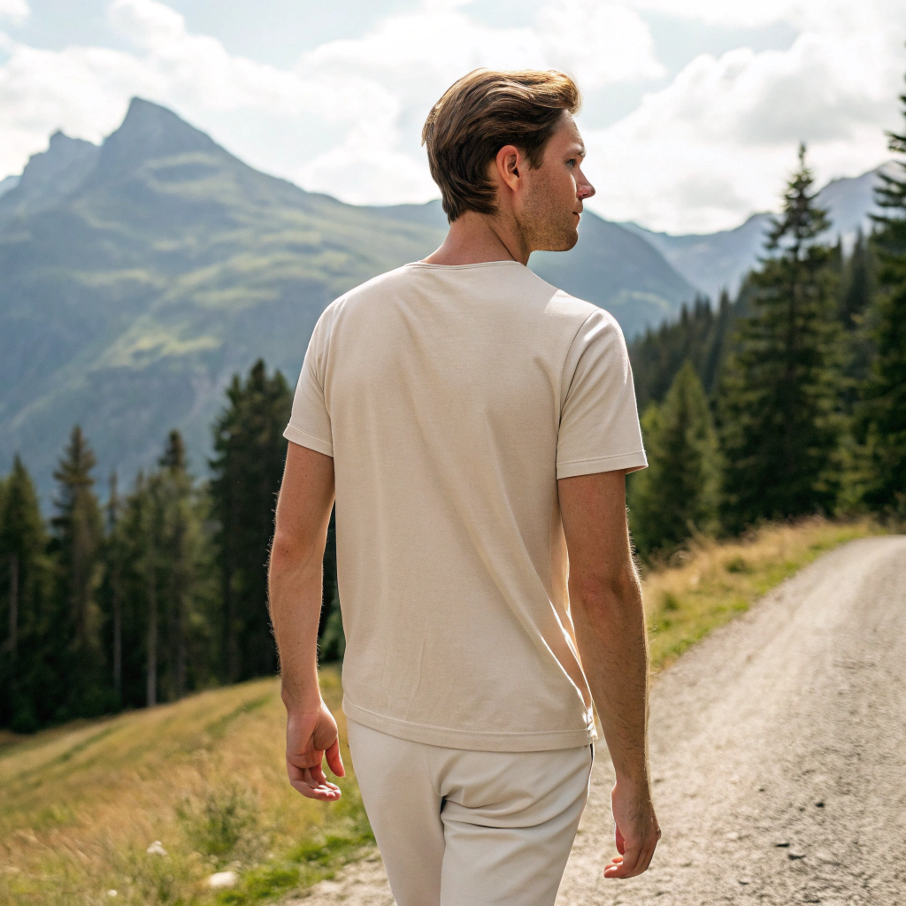 Heavyweight organic cotton tee with Ray screenprint on left chest, alpine lifestyle design, Arosa, Switzerland.