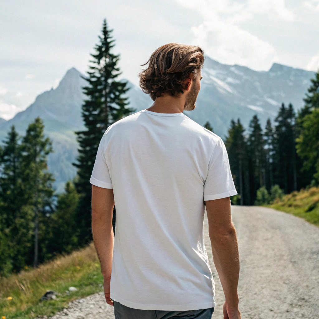 Heavyweight organic cotton tee with Ray screenprint on left chest, alpine lifestyle design, Arosa, Switzerland.