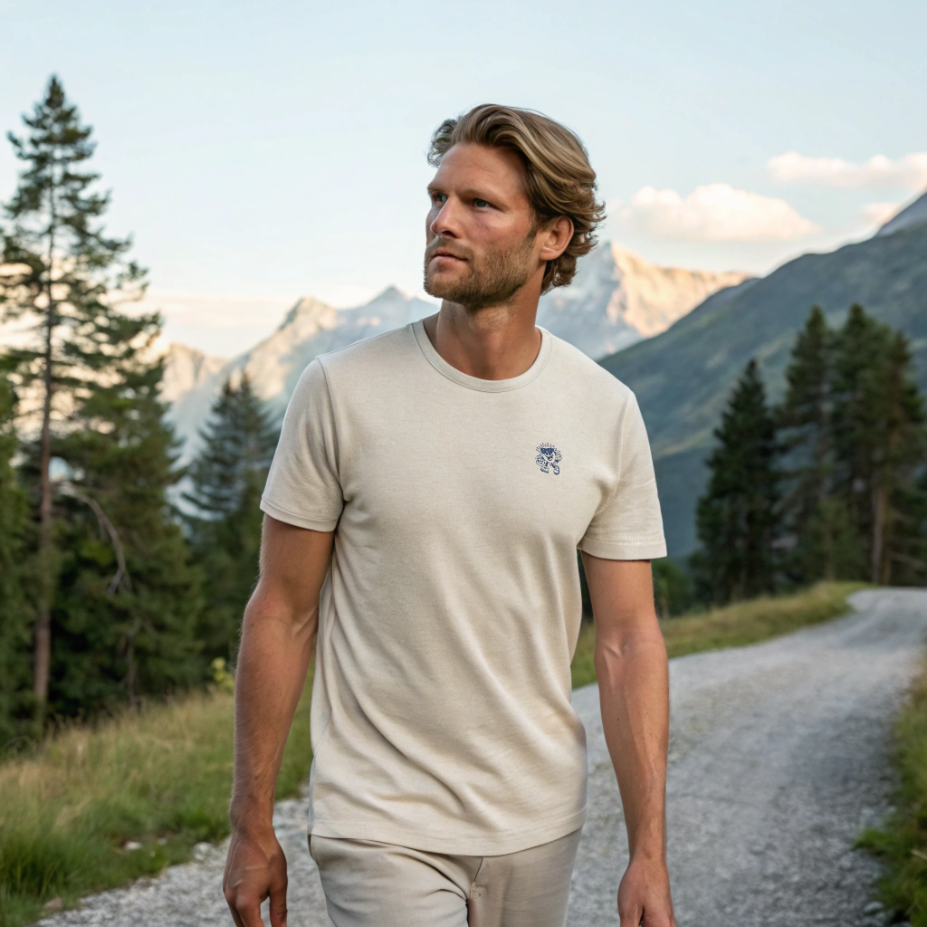 Heavyweight organic cotton tee with Ray screenprint on left chest, alpine lifestyle design, Arosa, Switzerland.