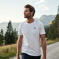 Heavyweight organic cotton tee with Ray screenprint on left chest, alpine lifestyle design, Arosa, Switzerland.