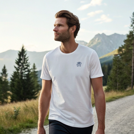 Heavyweight organic cotton tee with Ray screenprint on left chest, alpine lifestyle design, Arosa, Switzerland.