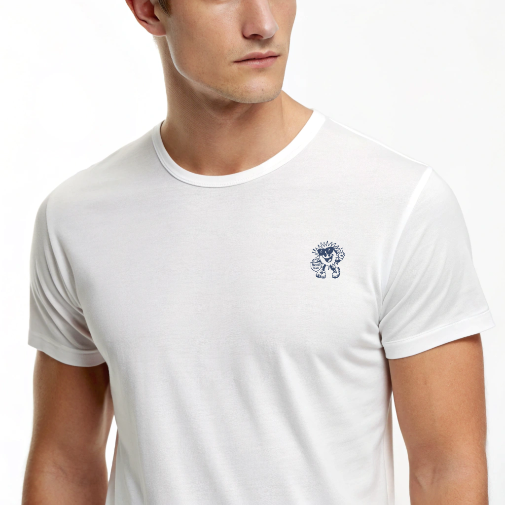 Heavyweight organic cotton tee with Ray screenprint on left chest, alpine lifestyle design, Arosa, Switzerland.