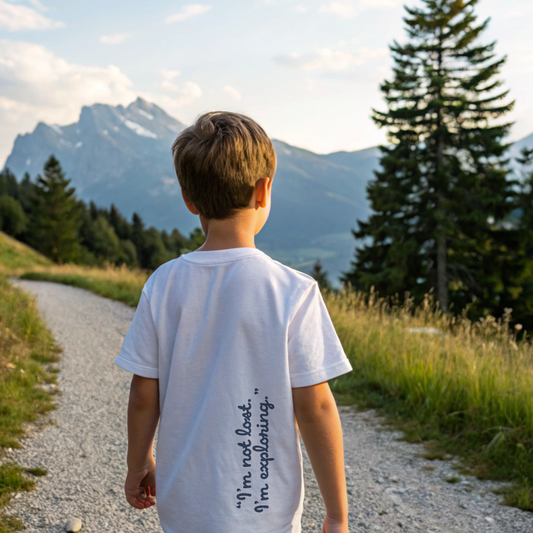 Kids Ray Tee in white cotton, Ray mascot screenprinted on chest, ‘I’m not lost, I’m exploring’ text on back, screenprinted in Arosa, Switzerland.