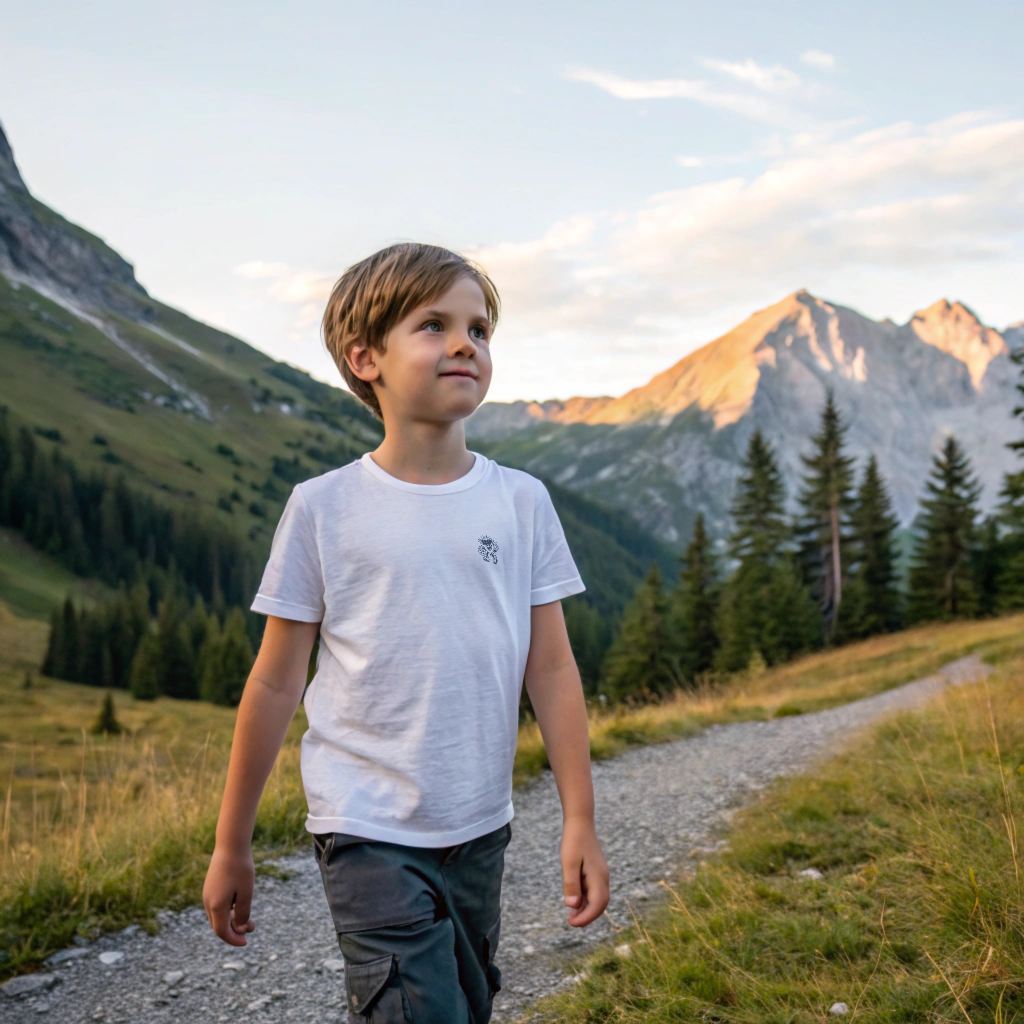 Kids Ray Tee in white cotton, Ray mascot screenprinted on chest, ‘I’m not lost, I’m exploring’ text on back, screenprinted in Arosa, Switzerland.