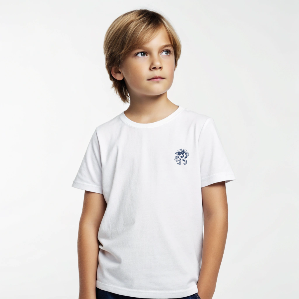 Kids Ray Tee in white cotton, Ray mascot screenprinted on chest, ‘I’m not lost, I’m exploring’ text on back, screenprinted in Arosa, Switzerland.