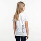 Kids Ray Tee in white cotton, Ray mascot screenprinted on chest, ‘I’m not lost, I’m exploring’ text on back, screenprinted in Arosa, Switzerland.
