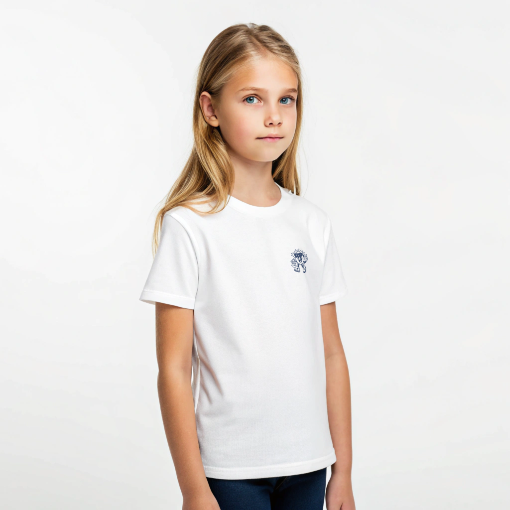 Kids Ray Tee in white cotton, Ray mascot screenprinted on chest, ‘I’m not lost, I’m exploring’ text on back, screenprinted in Arosa, Switzerland.